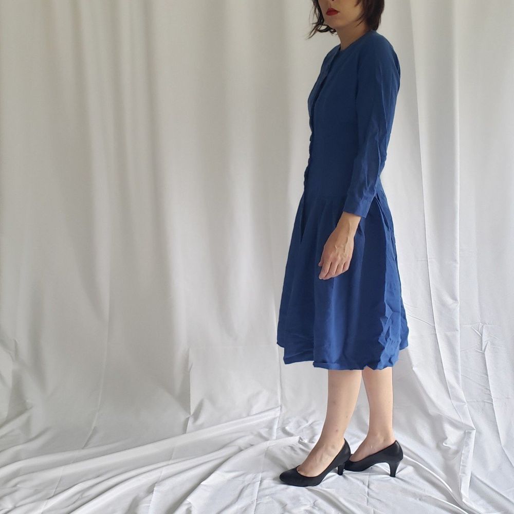 50s/60s Hand Made Blue Wool Button Down Dress - Picture 2 of 3